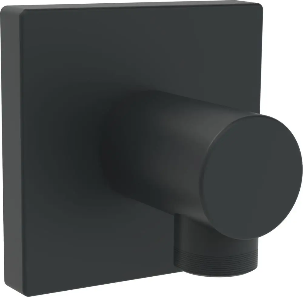 Wandanschlussbogen von HANSA in mattschwarz mit eckiger Rosette, ausgestattet mit einem G1/2-Anschluss, der an der Wand montiert wird.